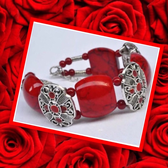 🌹NEW SILVER & RED Bead Bangle w/Chain Bra - Picture 2 of 6